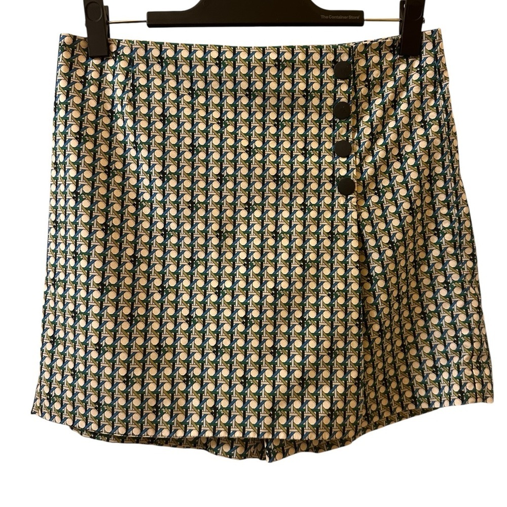 Tory Burch Green and Cream Geometric A-Line Mini Skirt with Side Buttons size S